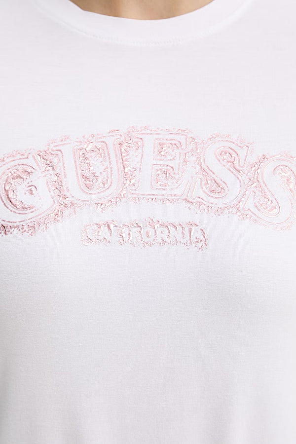 guess T-Shirt Maniche Corte Logo Metal Leona Bianco Donna, foto 3