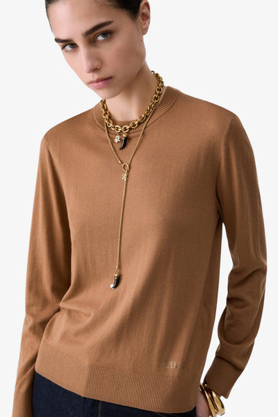 liu jo Maglione Girocollo Leggero Collo Camicia Staccabile Marrone Donna, foto 3