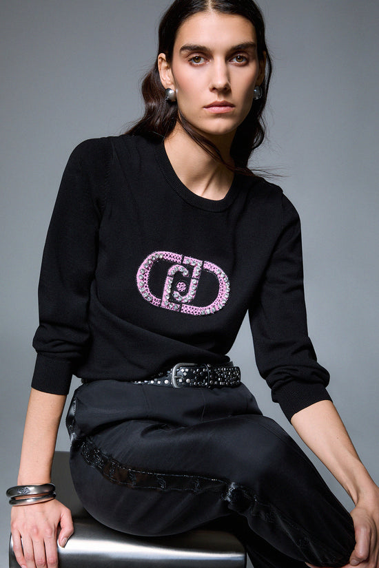  Maglione Girocollo Logo Con Applicazioni Gioiello-liu jo-Nero-Special_-Tf6261 ms63l l9312-3  