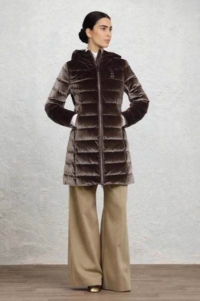 blauer Piumino Full Zip Con Cappuccio In Velluto Lucido Velly Long Marrone Donna, foto 3