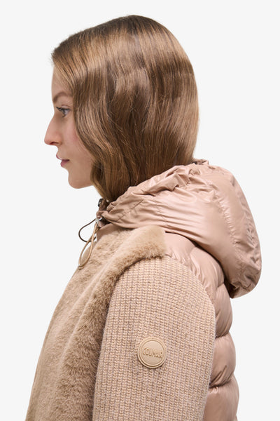 colmar Giacca Full Zip Con Cappuccio Ibrida Piumino E Maglia Con Pelliccia Sintetica Beige Donna, foto 3