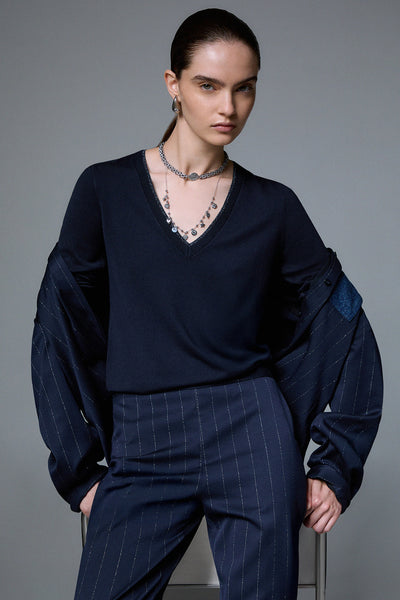 liu jo Maglione Leggero Profili Lurex Scollo A V Blu Donna, foto 3