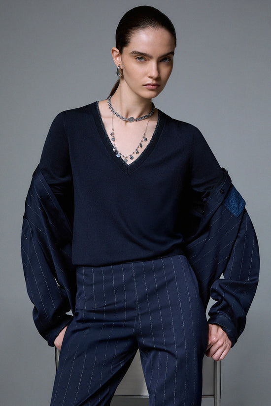  Maglione Leggero Profili Lurex Scollo A V-liu jo-Blu-Special_-Wf6012 ms49i 93922-3  
