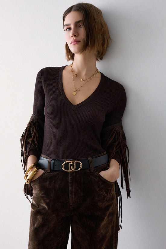  Maglia Maniche Lunghe Scollo a V In Lurex a Coste-liu jo-Marrone-Special_-Wf6416 ms46j l9520-3  