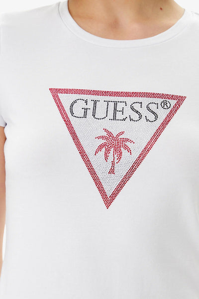guess T-Shirt Maniche Corte Logo Strass Triangle Rhinestones Bianco Donna, foto 3