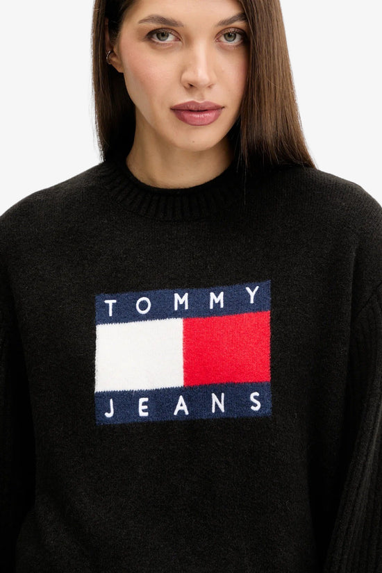  Maglione Girocollo Mélange Con Grafica Bandiera-tommy jeans-Nero-Donna-Dw0dw21782 hev-3  