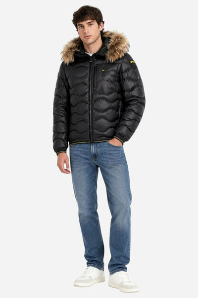blauer Piumino Full Zip Con Cappuccio Con Pelliccia E Trapuntato Ad Onde Wavefur Nero Uomo, foto 3