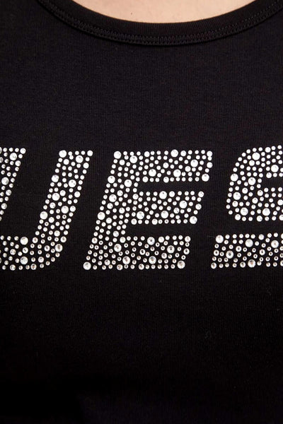 guess T-Shirt Maniche Corte Logo Strass Kiara Nero Donna, foto 3
