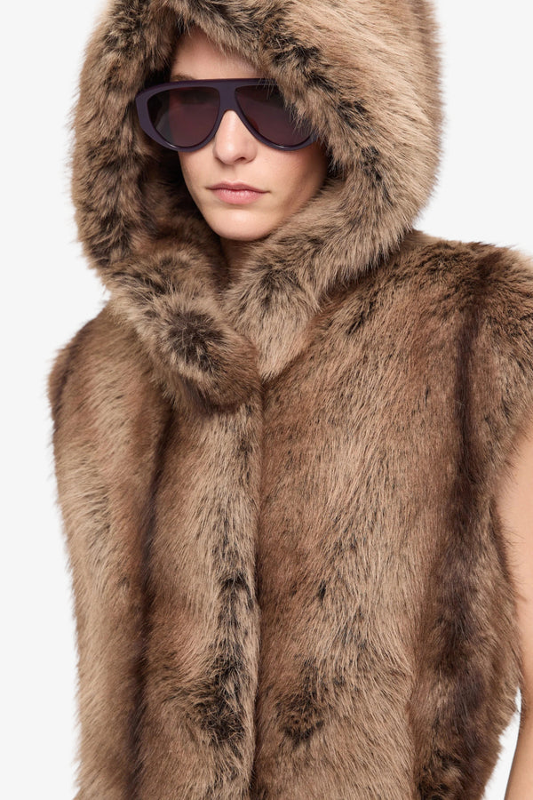 pinko Gilet Lungo Con Cappuccio In Eco Pelliccia Galearis Beige Donna, foto 3