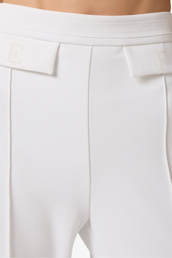 elisabetta franchi Pantaloni In Doppio Crepe Stretch Con Logo Ricamato Bianco Donna, foto 3