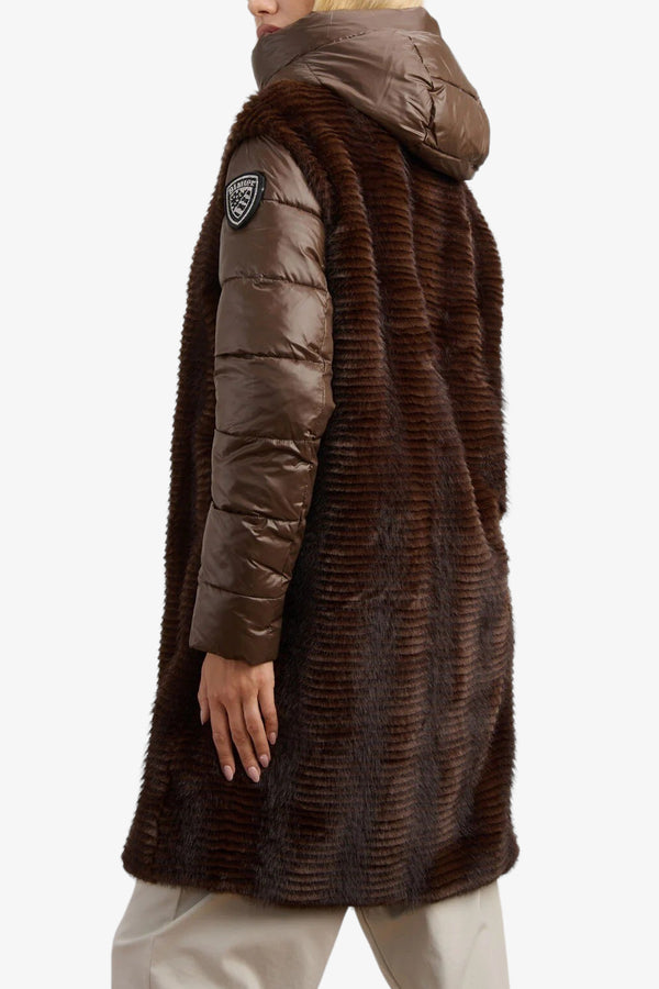 blauer Piumino Lungo Full Zip Con Cappuccio E Dettagli In Eco Pelliccia Aspen Marrone Donna, foto 3