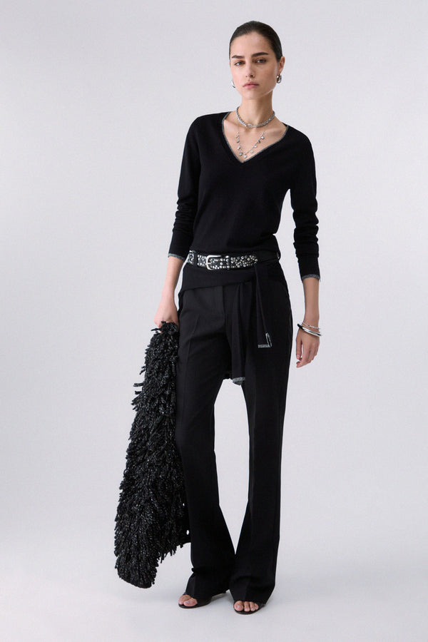 liu jo Maglione Leggero Profili Lurex Scollo A V Nero Donna, foto 3