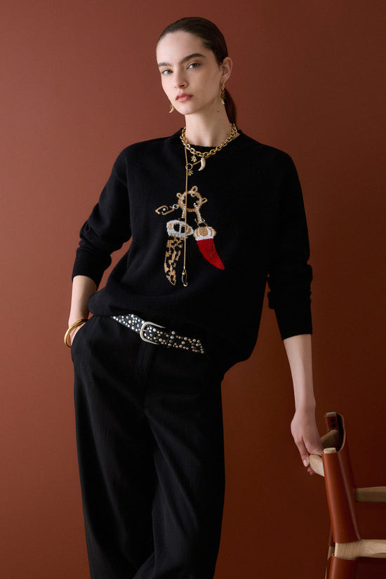  Maglione Girocollo Jacquard In Lana Con Charm-liu jo-Nero-Special_-Wf6457 ms009 l9457-3  