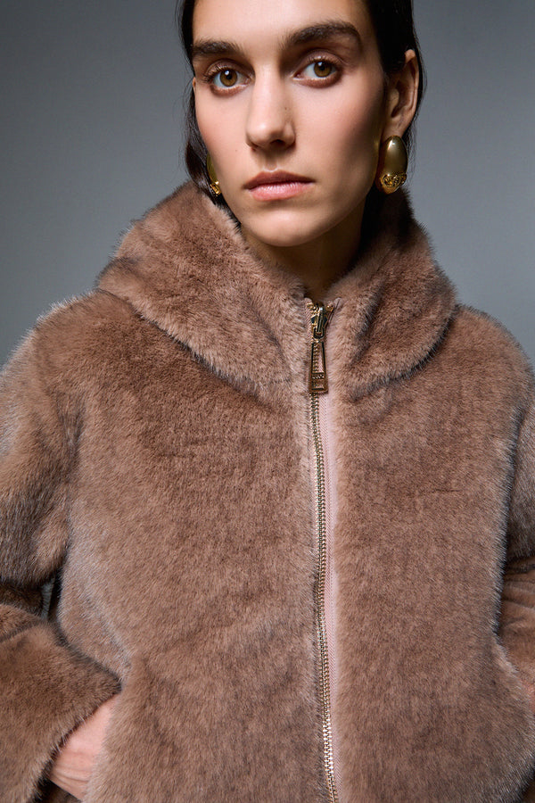 liu jo Giacca Pelliccia Eco Full Zip Con Cappuccio Marrone Donna, foto 3