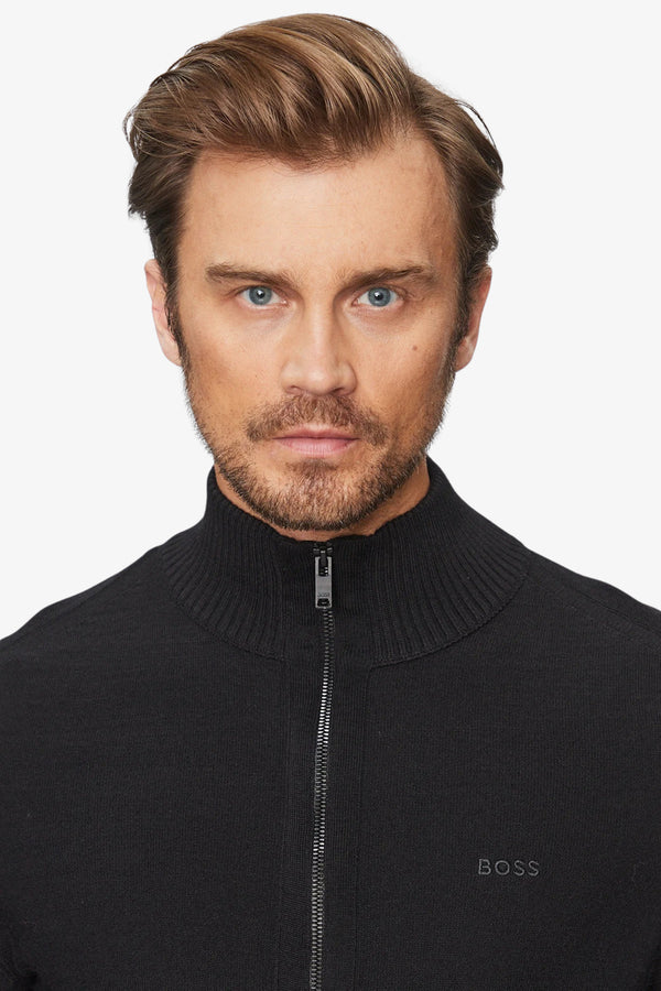boss Cardigan Full Zip In Misto Lana Con Logo Ricamato Nero Uomo, foto 3