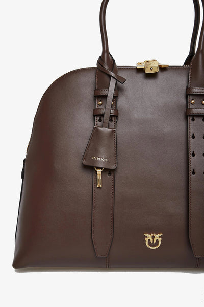 pinko Borsa A Mano Bowling Escape Bag In Pelle Maxi Marrone Donna, foto 3