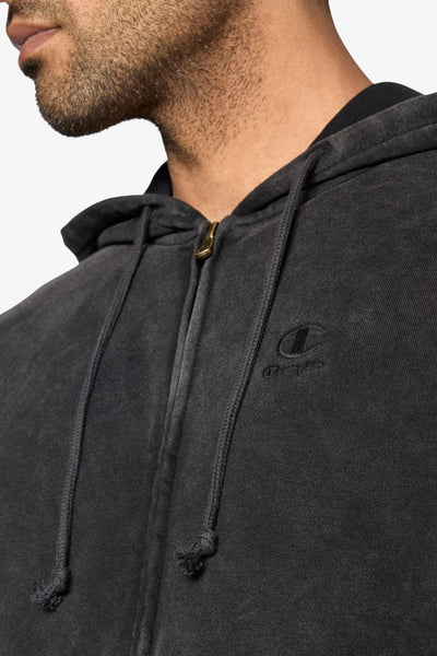 champion Felpa Full Zip Con Cappuccio Con Logo Ricamato Effetto Slavato Nero Uomo, foto 3