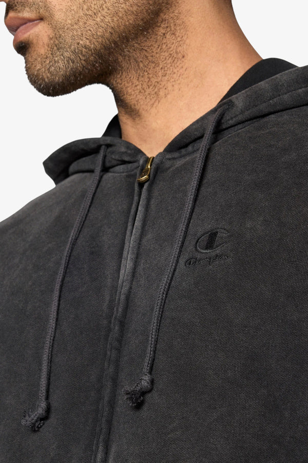 champion Felpa Full Zip Con Cappuccio Con Logo Ricamato Effetto Slavato Nero Uomo, foto 3