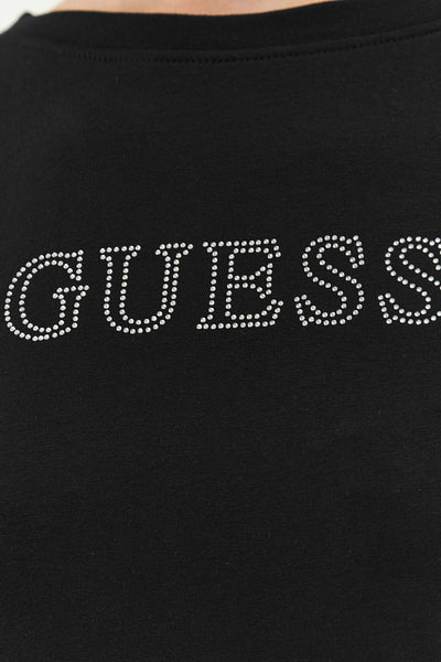 guess T-Shirt Maniche Corte Logo Strass Kiara Nero Donna, foto 3