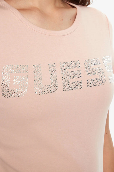 guess T-Shirt Maniche Corte Logo Strass Kiara Rosa Donna, foto 4