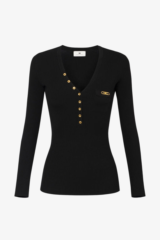  Maglione Scollo A V A Costine Con Taschino-elisabetta franchi-Nero-Donna-Mk12b56e2 110-4  