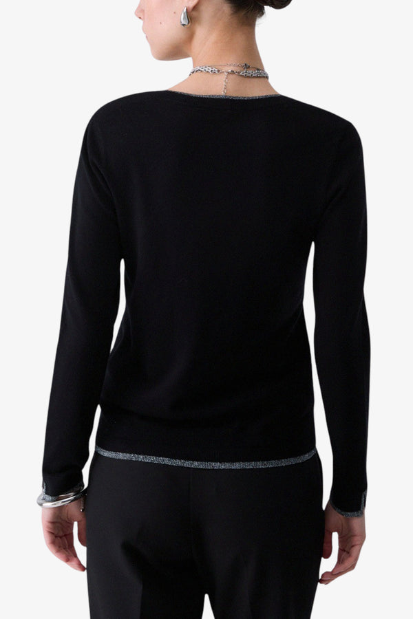 liu jo Maglione Leggero Profili Lurex Scollo A V Nero Donna, foto 4