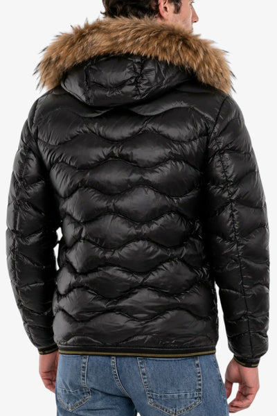blauer Piumino Full Zip Con Cappuccio Con Pelliccia E Trapuntato Ad Onde Wavefur Nero Uomo, foto 4