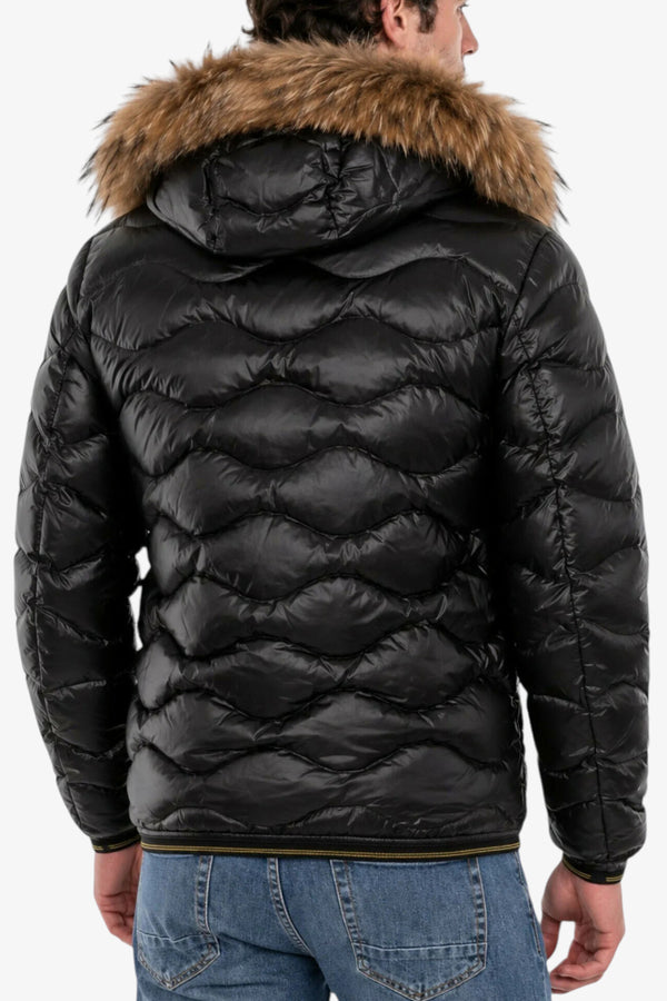 blauer Piumino Full Zip Con Cappuccio Con Pelliccia E Trapuntato Ad Onde Wavefur Nero Uomo, foto 4