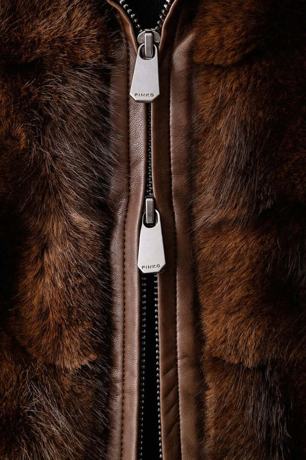 pinko Giacca Full Zip Con Cappuccio In Eco Pelliccia Cadetia Marrone Donna, foto 4