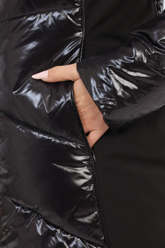  Piumino Lungo Full Zip Con Doppio Cappuccio Removibile Bordo Eco Pelliccia-yes zee-Nero-Donna-O015/q300 0801-4  