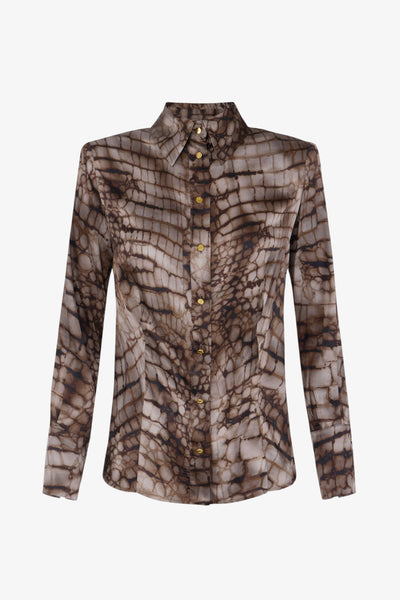 elisabetta franchi Camicia Maniche Lunghe In Raso Con Stampa Alligatore Marrone Donna, foto 4