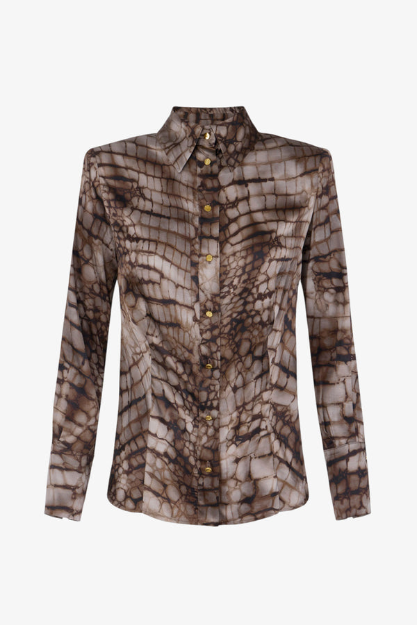 elisabetta franchi Camicia Maniche Lunghe In Raso Con Stampa Alligatore Marrone Donna, foto 4