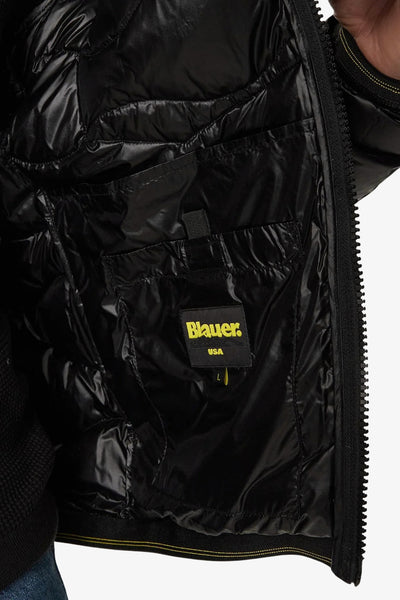 blauer Piumino Full Zip Con Cappuccio Cuciture Ad Onde Wave Nero Uomo, foto 4
