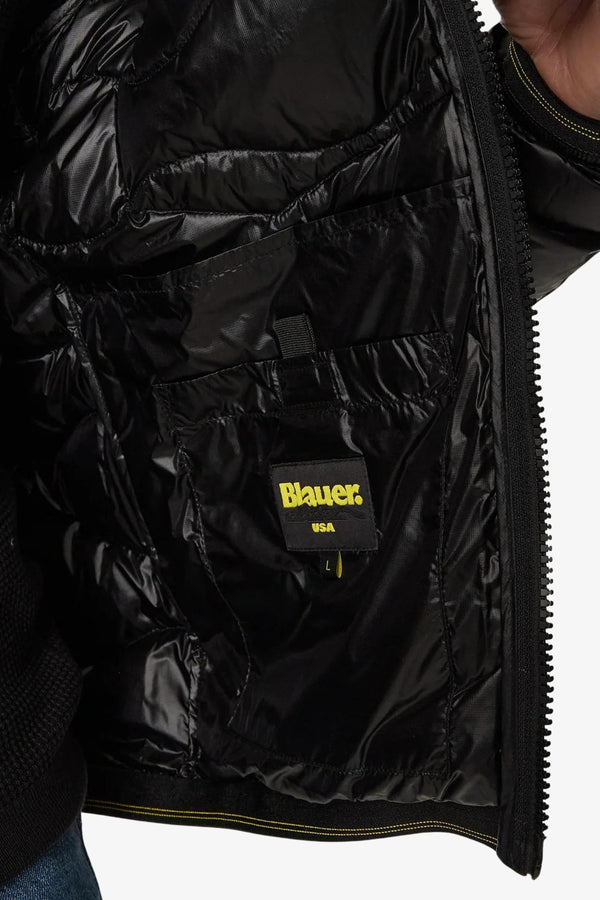 blauer Piumino Full Zip Con Cappuccio Cuciture Ad Onde Wave Nero Uomo, foto 4