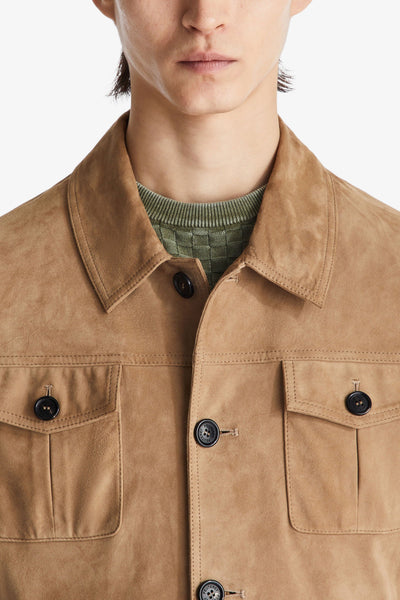 peuterey Giacca In Pelle Scamociata Con Bottoni Effetto Corno Destiny Suede 02 Beige Uomo, foto 4