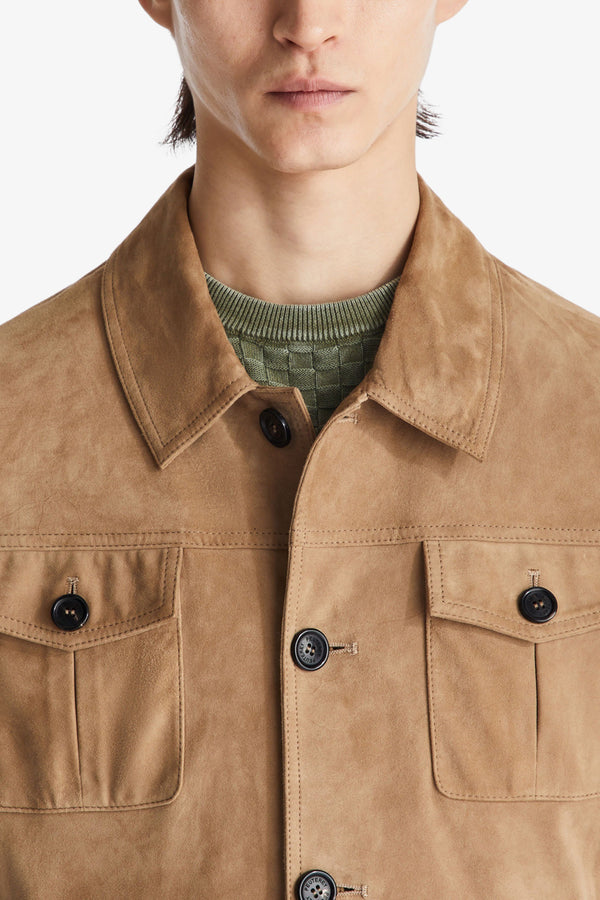 peuterey Giacca In Pelle Scamociata Con Bottoni Effetto Corno Destiny Suede 02 Beige Uomo, foto 4
