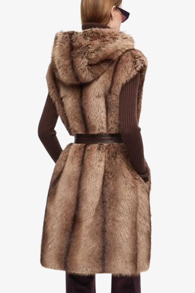 pinko Gilet Lungo Con Cappuccio In Eco Pelliccia Galearis Beige Donna, foto 4