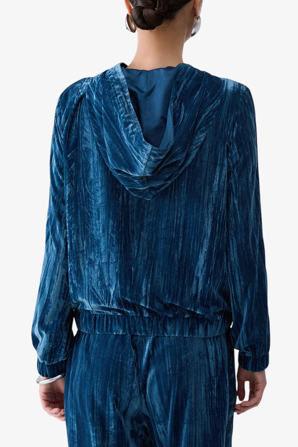 liu jo Felpa Full Zip Con Cappuccio In Velluto Con Bande Logo Strass E Raso Blu Donna, foto 4