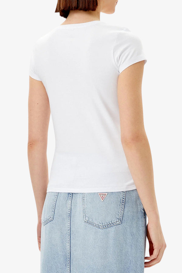 guess T-Shirt Maniche Corte Logo Strass Triangle Rhinestones Bianco Donna, foto 4