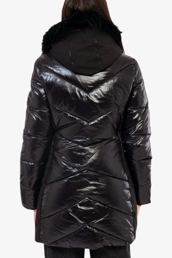  Piumino Lungo Full Zip Con Doppio Cappuccio Removibile Bordo Eco Pelliccia-yes zee-Nero-Donna-O015/q300 0801-5  