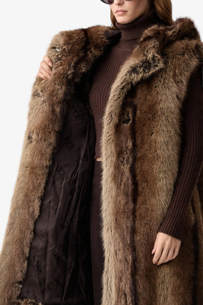 pinko Gilet Lungo Con Cappuccio In Eco Pelliccia Galearis Beige Donna, foto 5