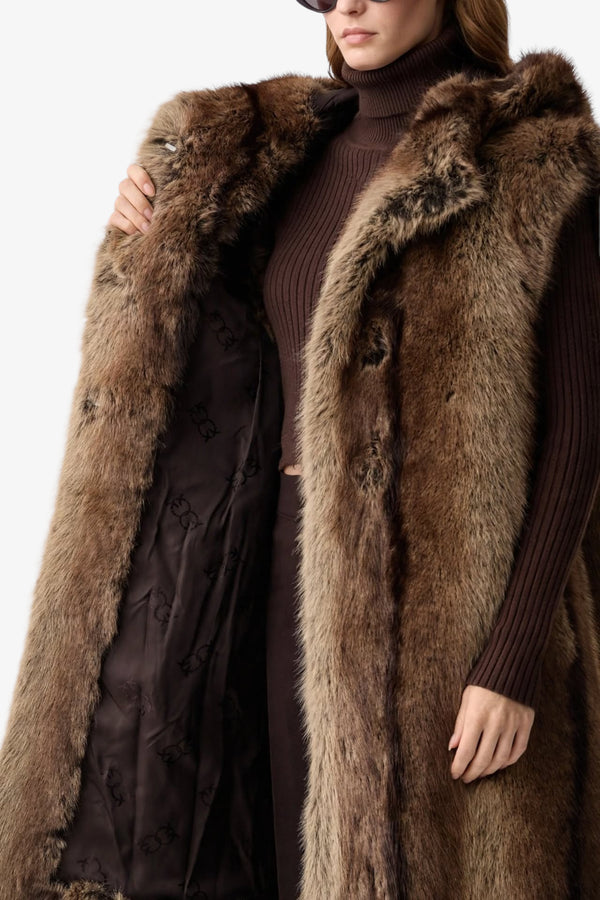 pinko Gilet Lungo Con Cappuccio In Eco Pelliccia Galearis Beige Donna, foto 5