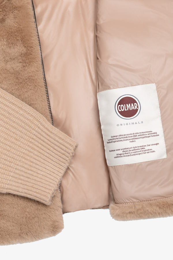 colmar Giacca Full Zip Con Cappuccio Ibrida Piumino E Maglia Con Pelliccia Sintetica Beige Donna, foto 5