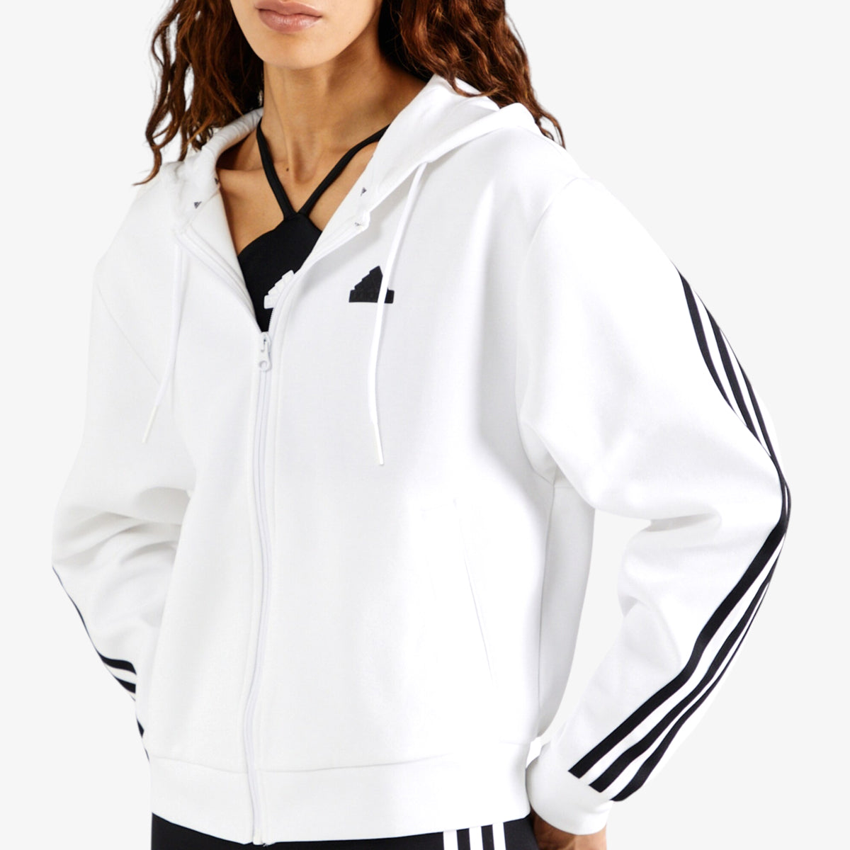 Adidas Performance Felpa Corta Full Zip Con Cappuccio Future Icons 3 stripes Bianco Donna MOUD