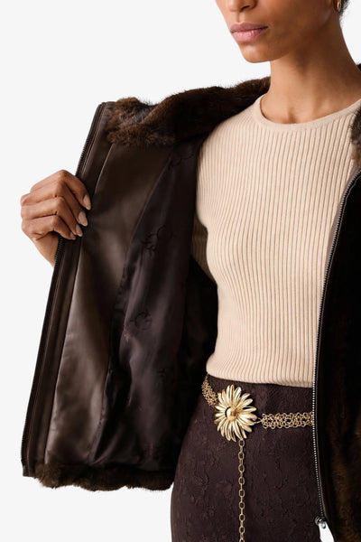 pinko Giacca Full Zip Con Cappuccio In Eco Pelliccia Cadetia Marrone Donna, foto 6