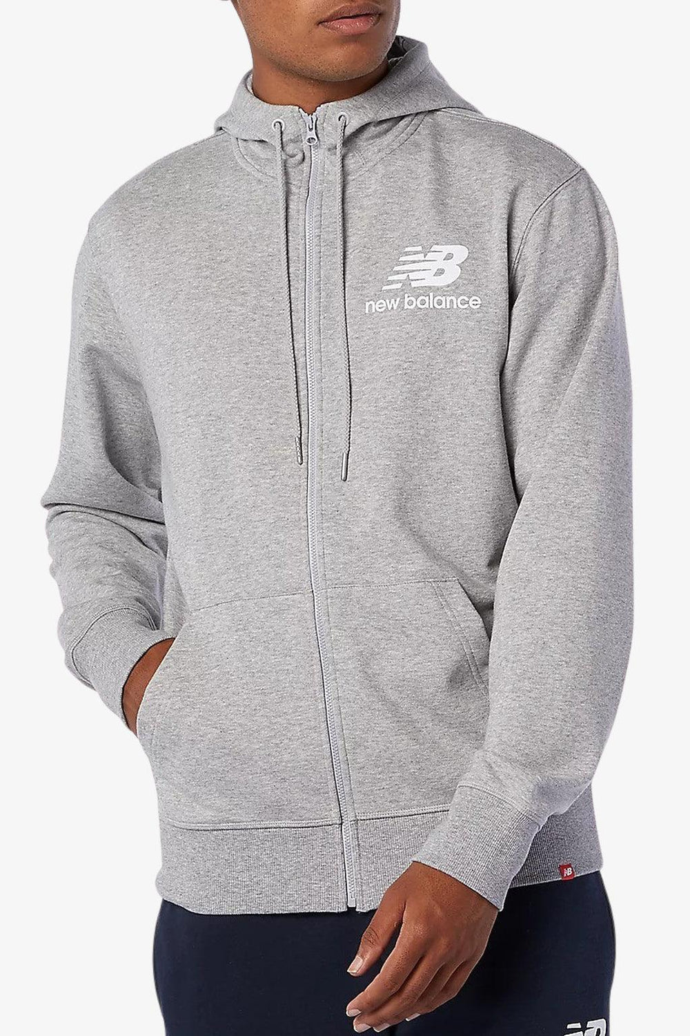 New Balance Felpa Full Zip Con Cappuccio Essentials Stacked Grigio Melange  Uomo