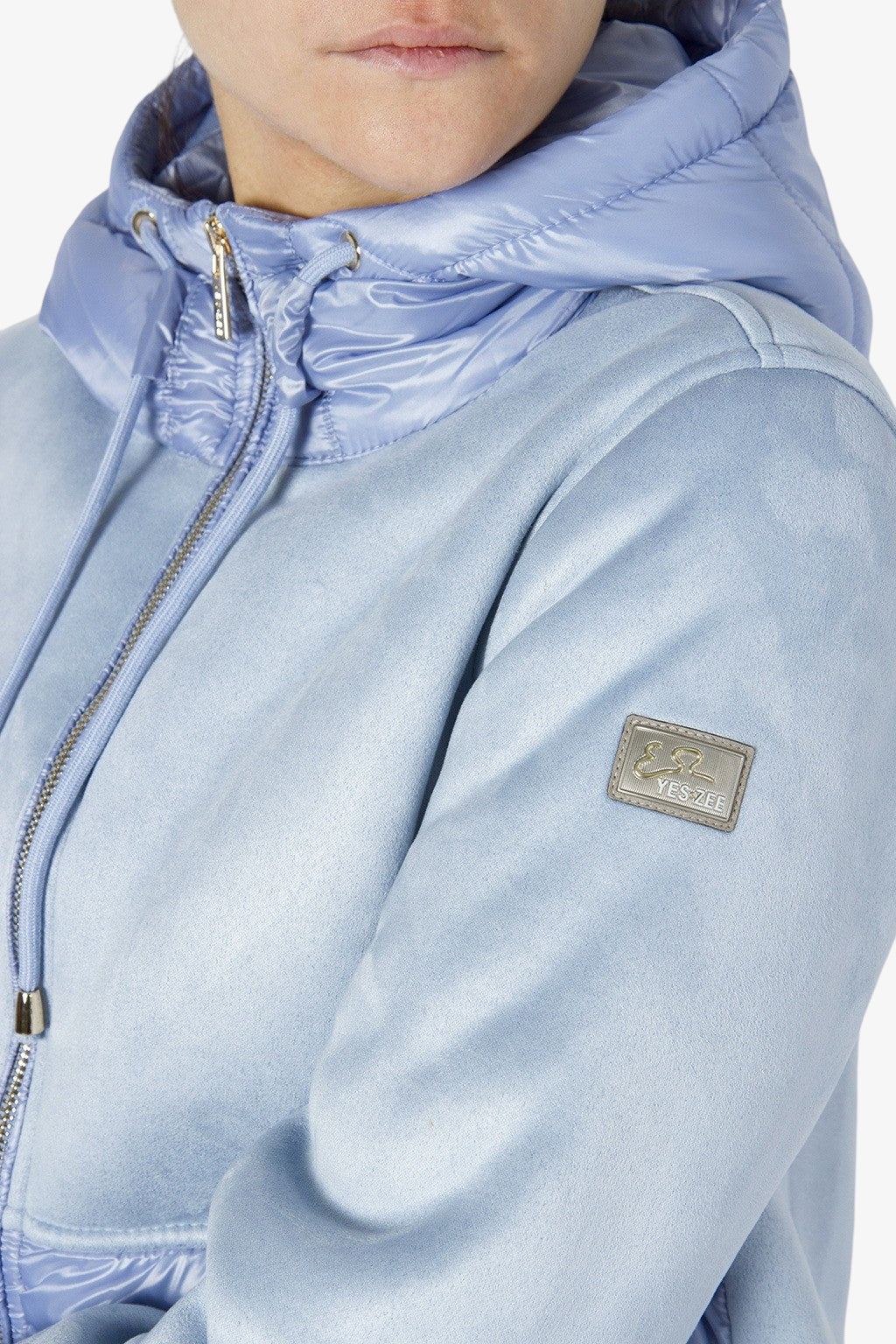 Yes Zee Giacca Montone Full Zip Con Cappuccio Con Inserti Trapuntati  Azzurro Donna