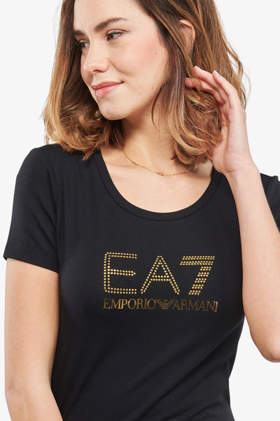 emporio armani ea7 T-Shirt Maniche Corte Big Logo Series Con Borchiette Nero Donna, foto 3